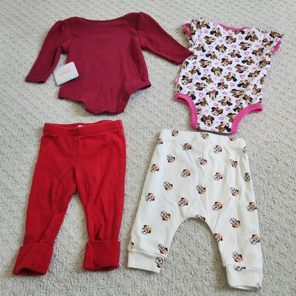 Disney Baby Minnie Mouse 4pc Set Bodysuits Pants 6-9M‎ Red Leopard NWT & EUC